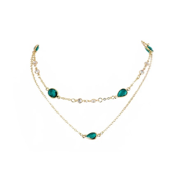 Multiple strand choker/necklace gold plate and green &clear Swarovski crystal - Picture 3 of 3